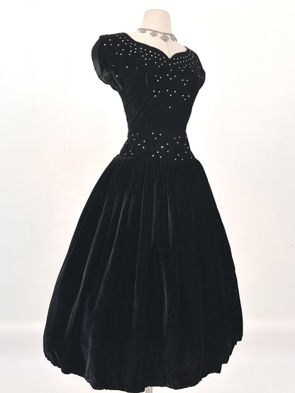 Early 1940s Black Velvet Party Dress with Rhinestones / Waist 28