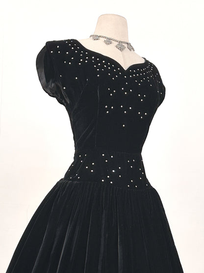 Early 1940s Black Velvet Party Dress with Rhinestones / Waist 28