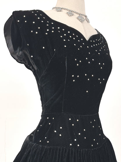 Early 1940s Black Velvet Party Dress with Rhinestones / Waist 28