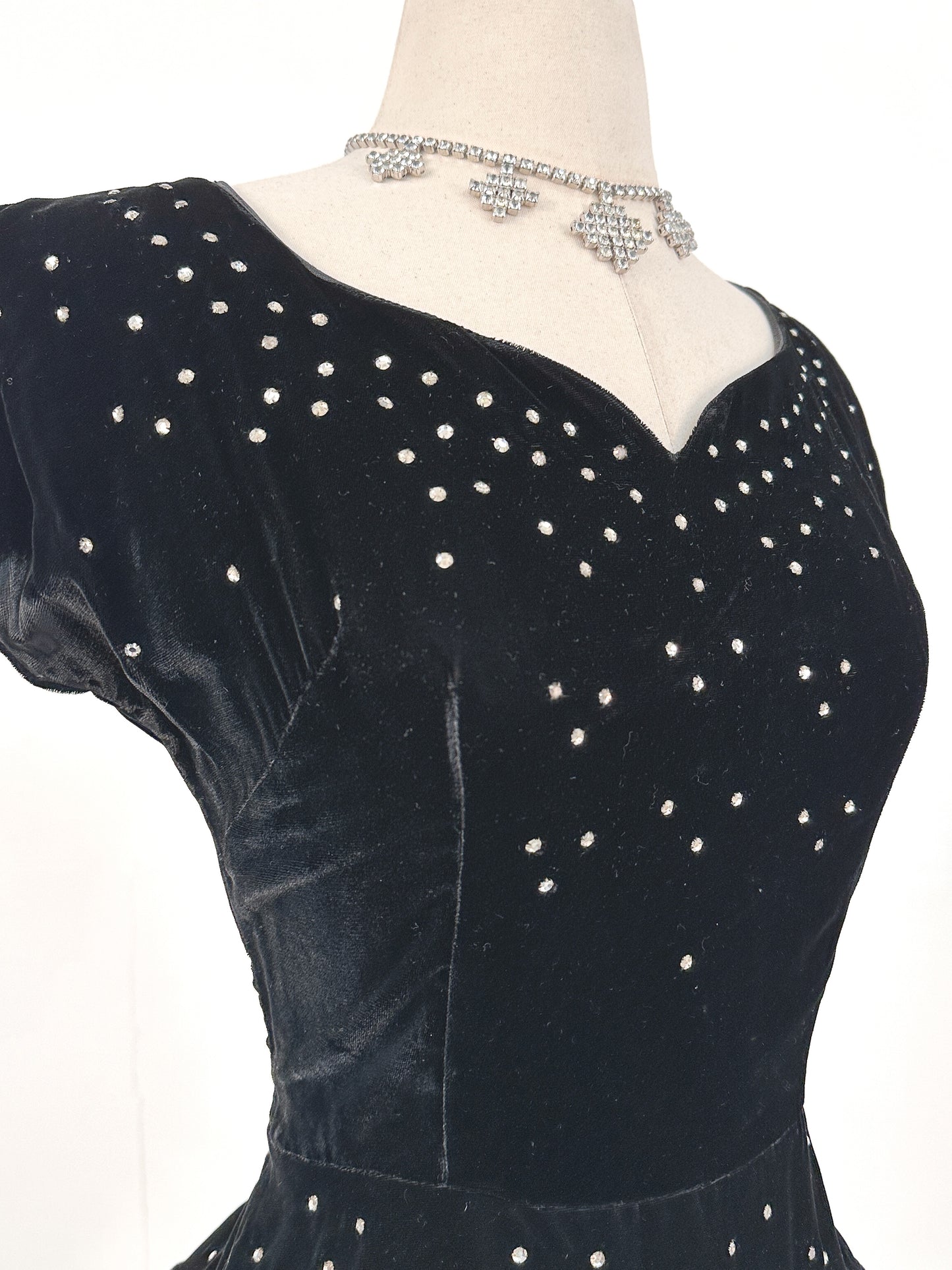 Early 1940s Black Velvet Party Dress with Rhinestones / Waist 28