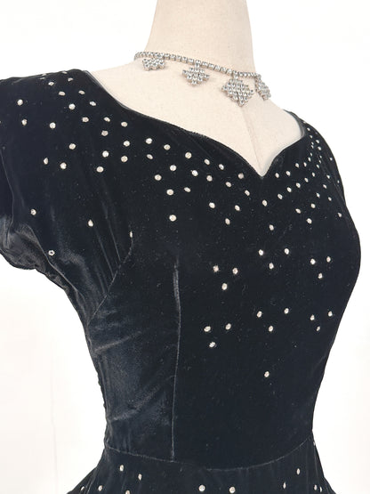 Early 1940s Black Velvet Party Dress with Rhinestones / Waist 28