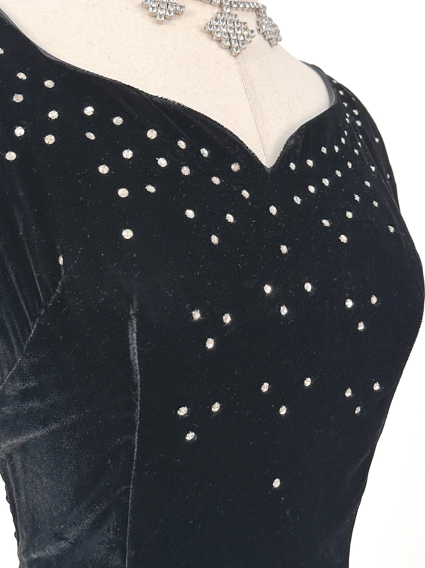 Early 1940s Black Velvet Party Dress with Rhinestones / Waist 28