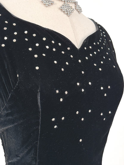 Early 1940s Black Velvet Party Dress with Rhinestones / Waist 28
