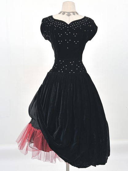Early 1940s Black Velvet Party Dress with Rhinestones / Waist 28