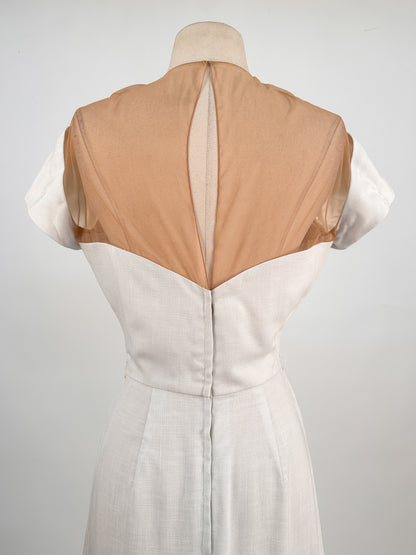 1950s Linen Wiggle Dress with Illusion Neckline by Peggy Hunt / Waist 24