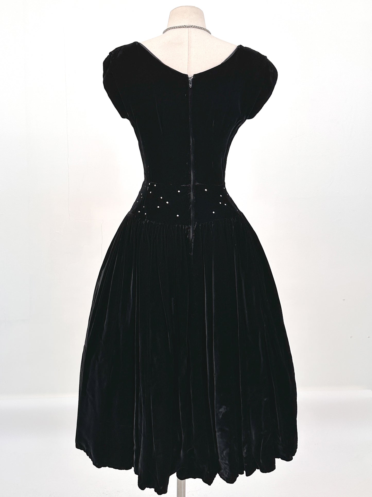 Early 1940s Black Velvet Party Dress with Rhinestones / Waist 28