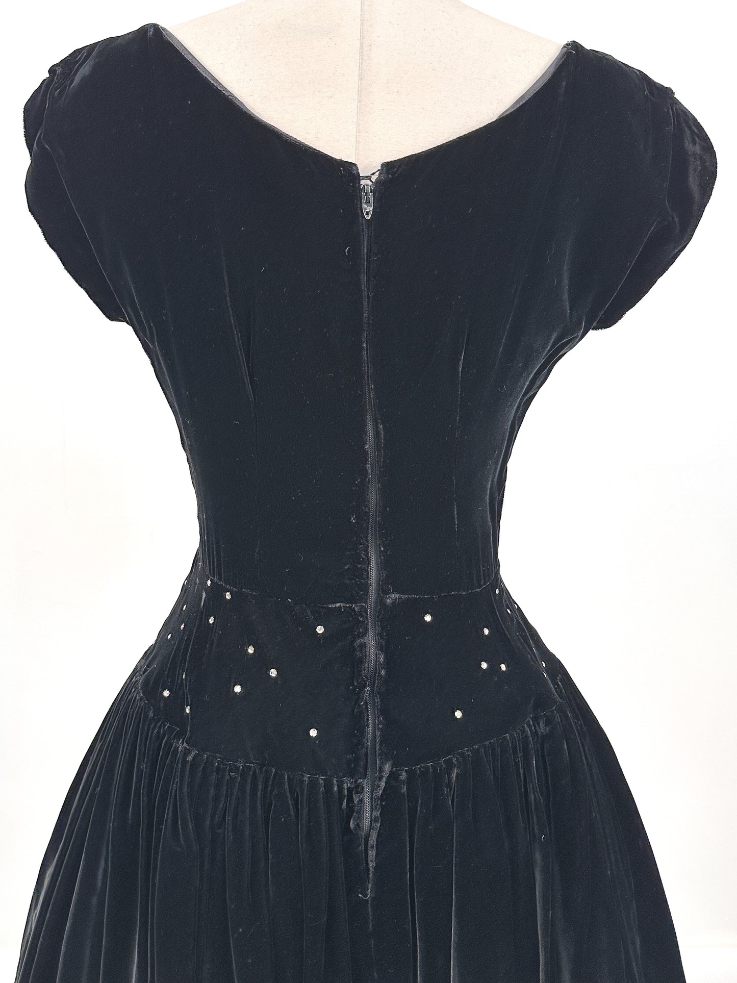 Early 1940s Black Velvet Party Dress with Rhinestones / Waist 28