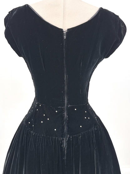 Early 1940s Black Velvet Party Dress with Rhinestones / Waist 28