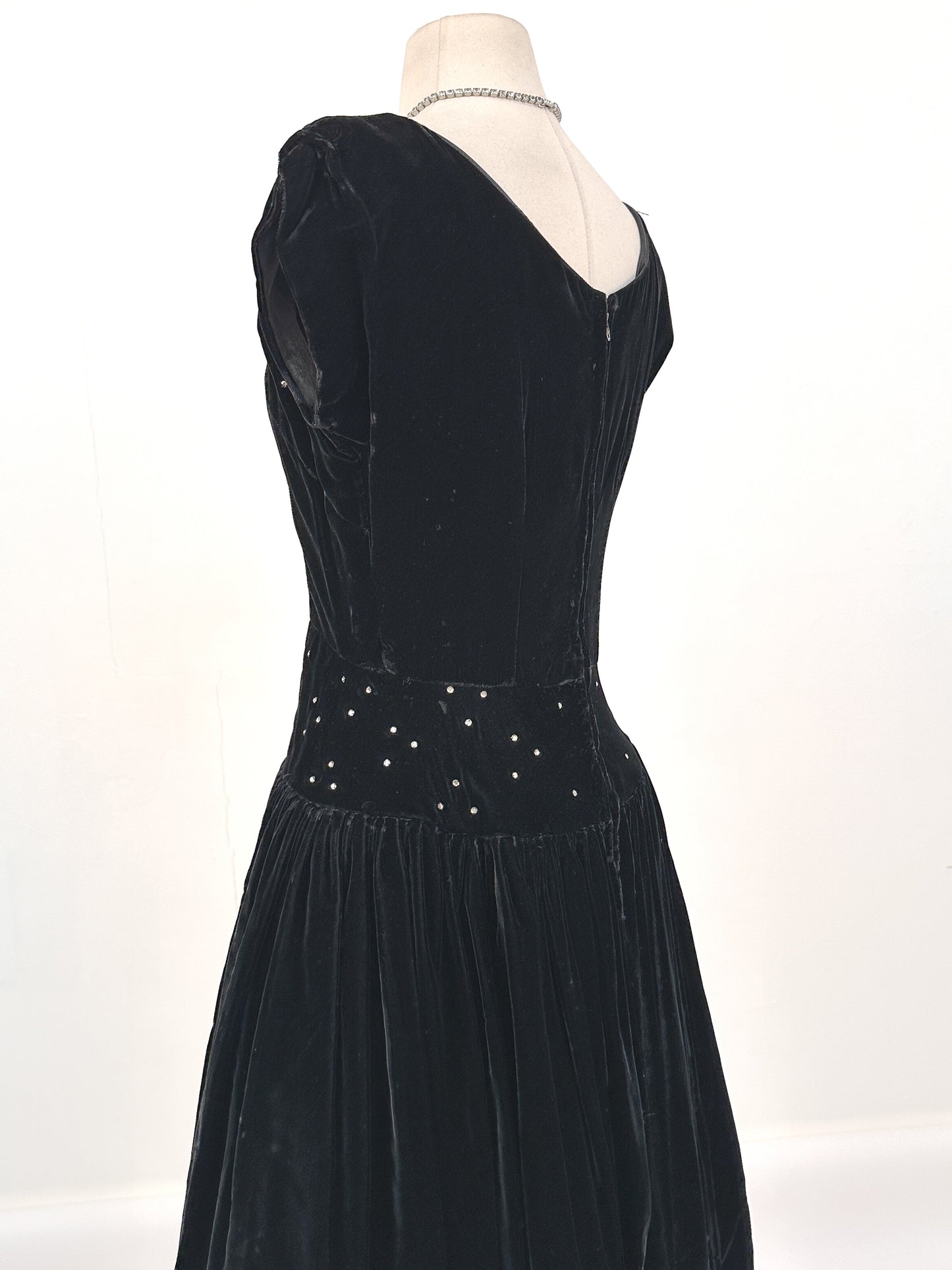 Early 1940s Black Velvet Party Dress with Rhinestones / Waist 28