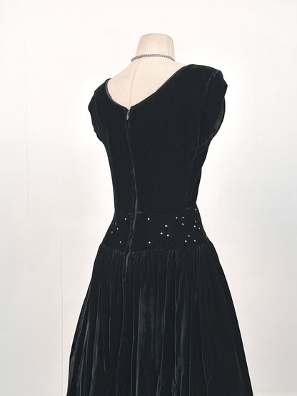 Early 1940s Black Velvet Party Dress with Rhinestones / Waist 28
