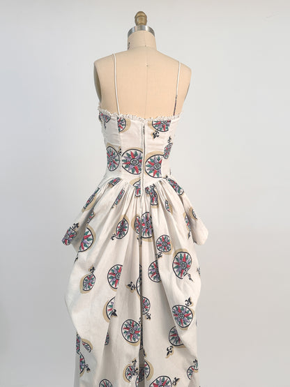 1940s White Cotton Novelty Print Dress / Waist 26