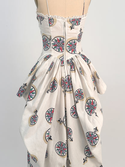 1940s White Cotton Novelty Print Dress / Waist 26