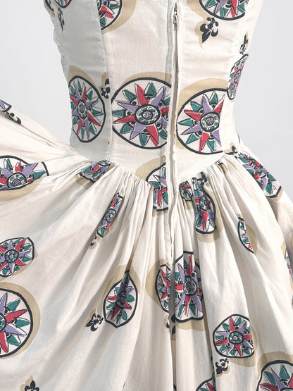 1940s White Cotton Novelty Print Dress / Waist 26