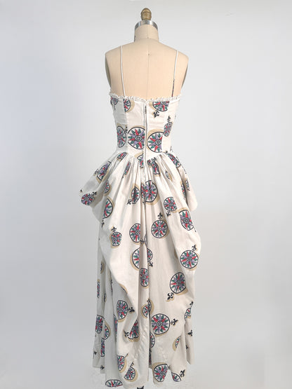 1940s White Cotton Novelty Print Dress / Waist 26