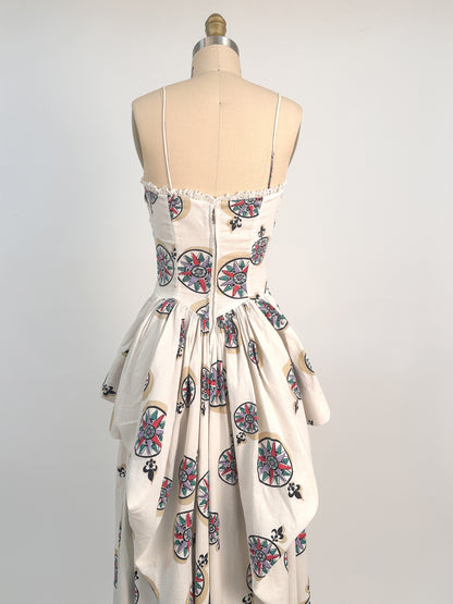 1940s White Cotton Novelty Print Dress / Waist 26