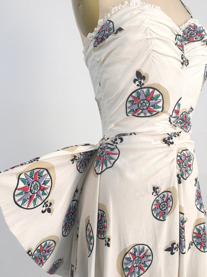 1940s White Cotton Novelty Print Dress / Waist 26