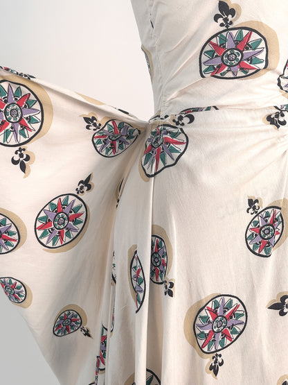 1940s White Cotton Novelty Print Dress / Waist 26