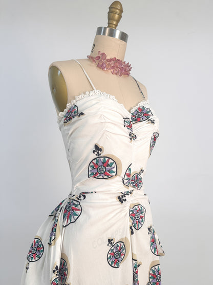1940s White Cotton Novelty Print Dress / Waist 26