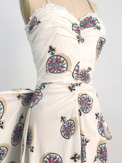 1940s White Cotton Novelty Print Dress / Waist 26
