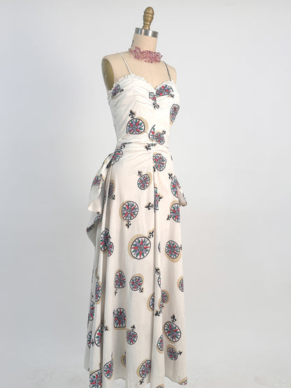 1940s White Cotton Novelty Print Dress / Waist 26