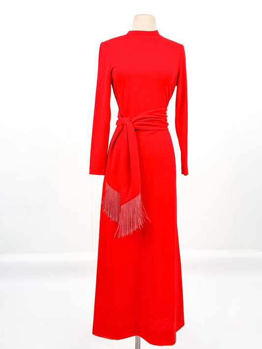 1960s Holiday Hostess Dress Red Dress with Fringe Belt / Waist 34