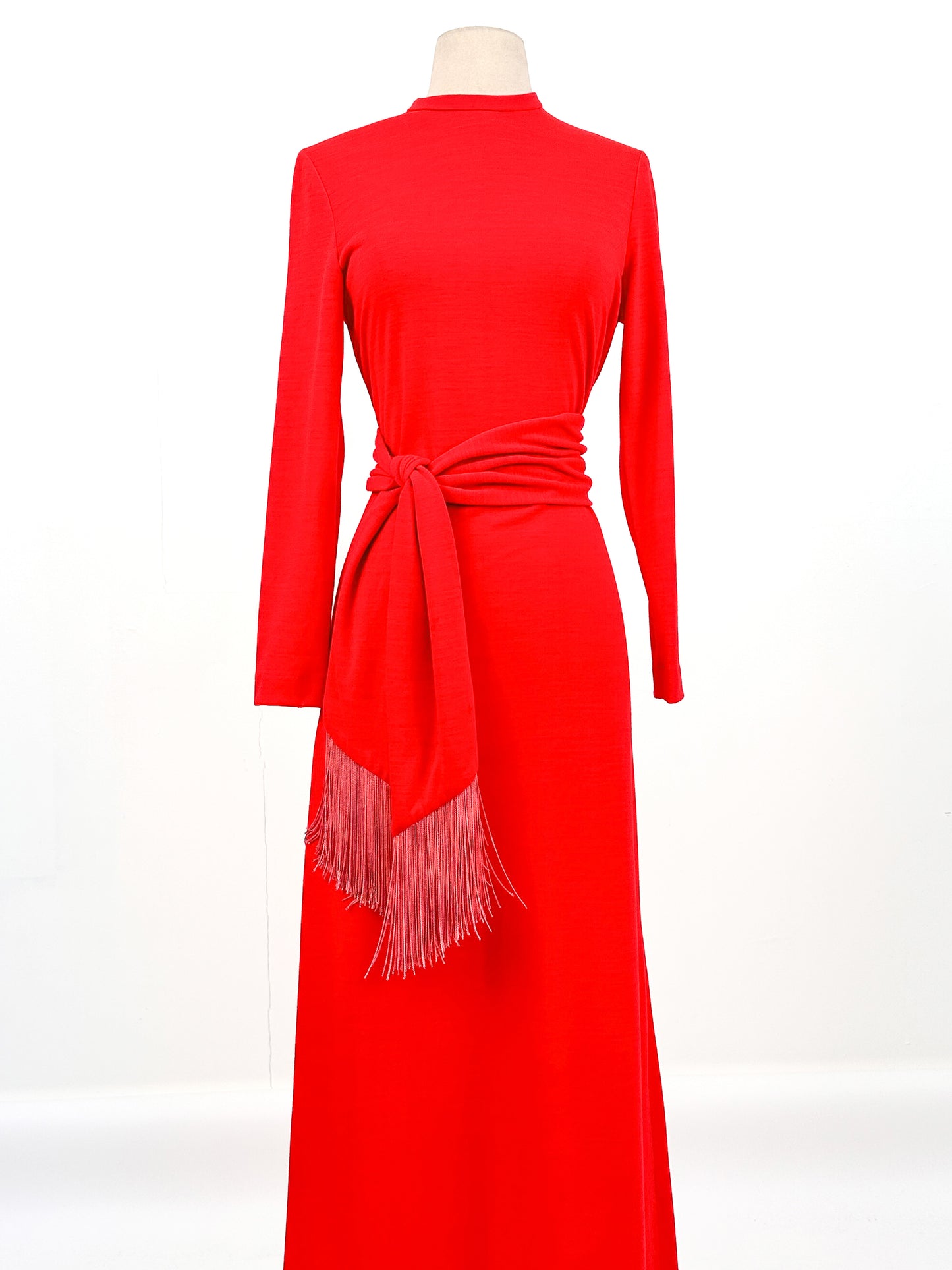 1960s Holiday Hostess Dress Red Dress with Fringe Belt / Waist 34