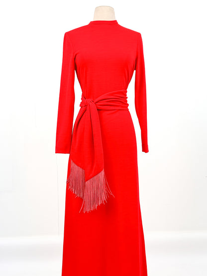 1960s Holiday Hostess Dress Red Dress with Fringe Belt / Waist 34