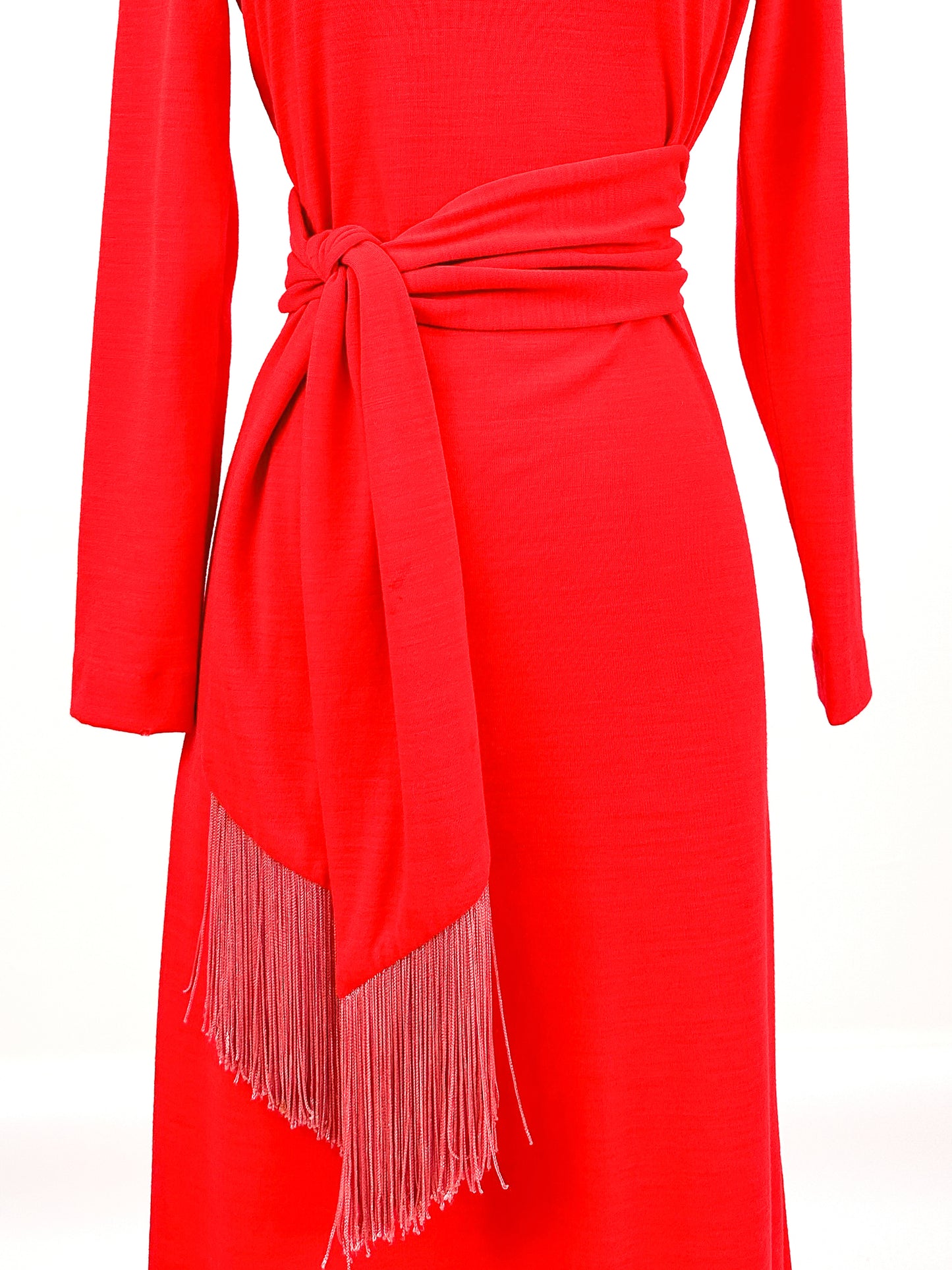 1960s Holiday Hostess Dress Red Dress with Fringe Belt / Waist 34