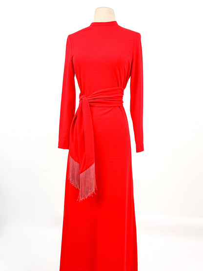 1960s Holiday Hostess Dress Red Dress with Fringe Belt / Waist 34