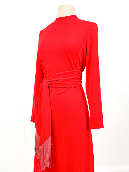 1960s Holiday Hostess Dress Red Dress with Fringe Belt / Waist 34