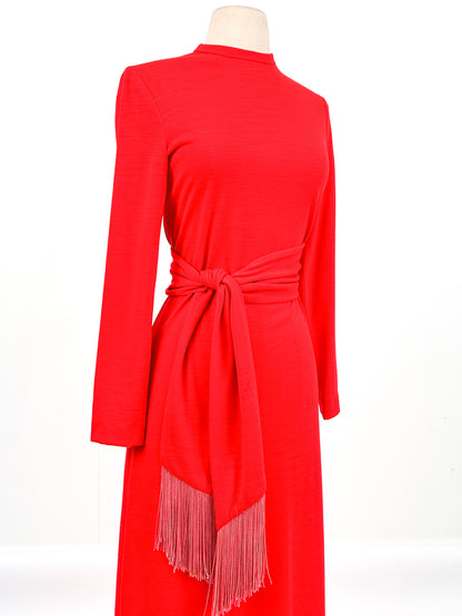 1960s Holiday Hostess Dress Red Dress with Fringe Belt / Waist 34
