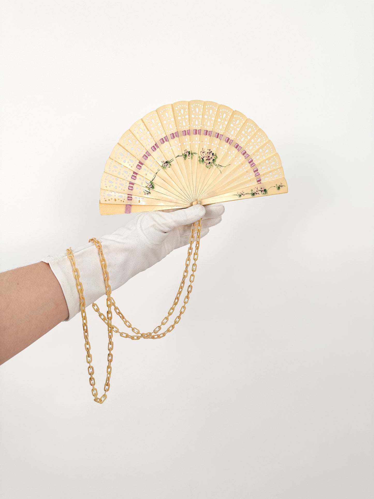 Early 1900s Hand Painted Celluloid Hand Fan with Lilacs