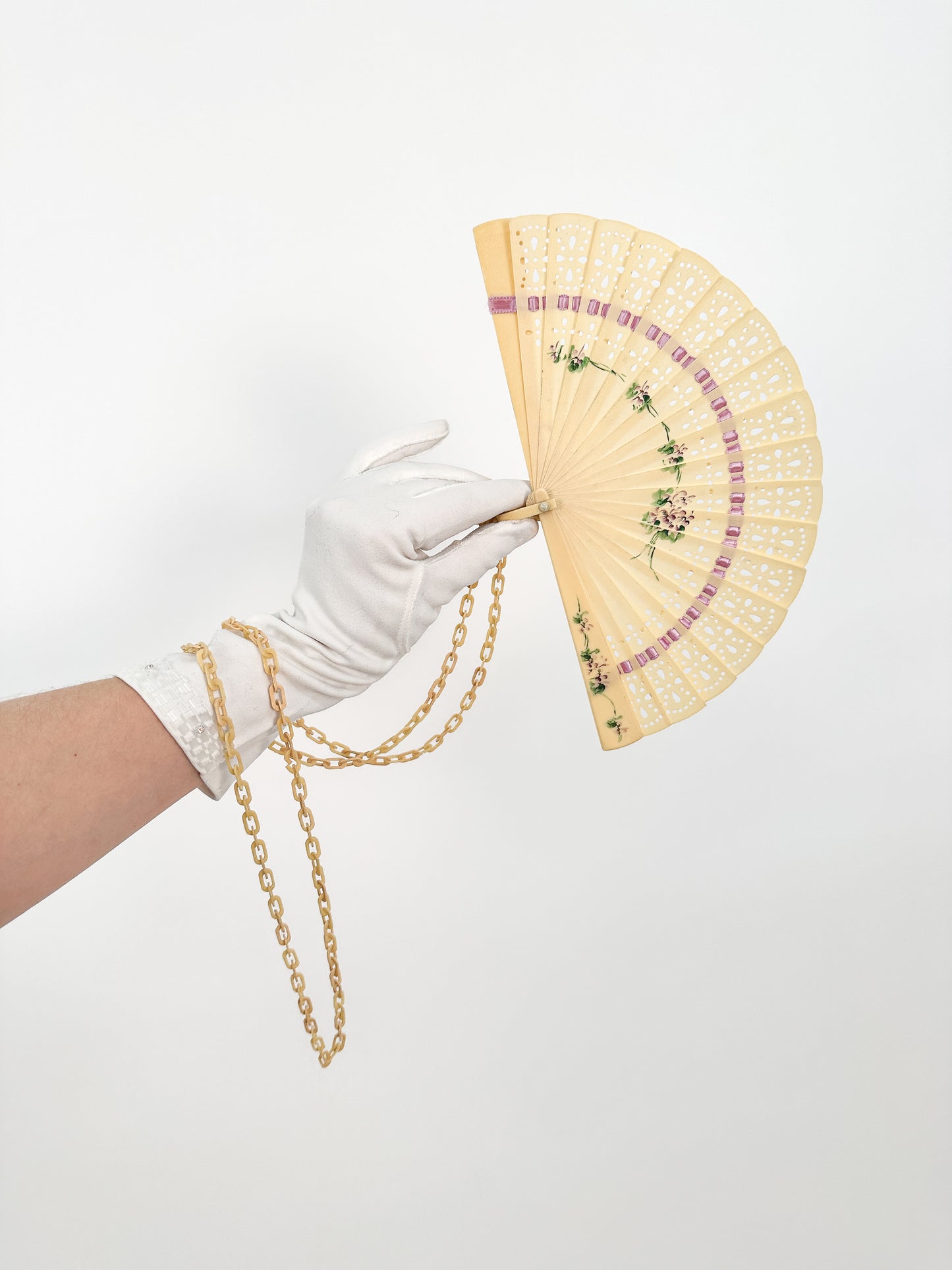 Early 1900s Hand Painted Celluloid Hand Fan with Lilacs