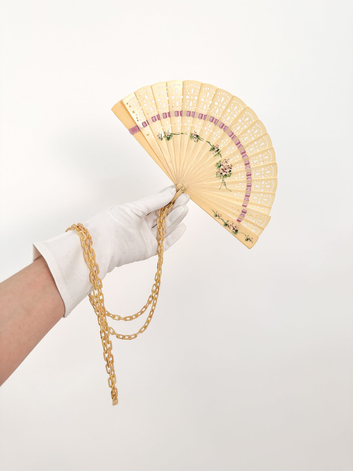 Early 1900s Hand Painted Celluloid Hand Fan with Lilacs