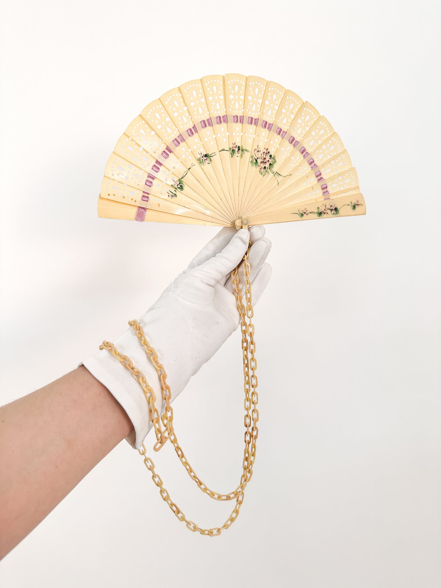 Early 1900s Hand Painted Celluloid Hand Fan with Lilacs