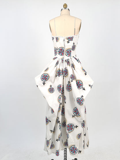 1940s White Cotton Novelty Print Dress / Waist 26
