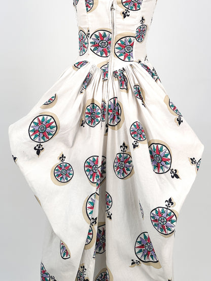 1940s White Cotton Novelty Print Dress / Waist 26