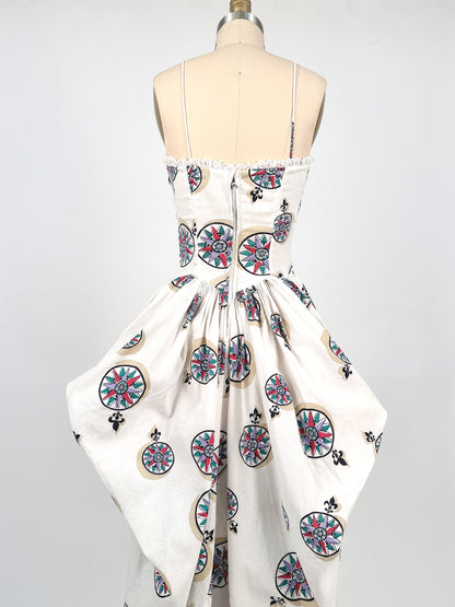 1940s White Cotton Novelty Print Dress / Waist 26