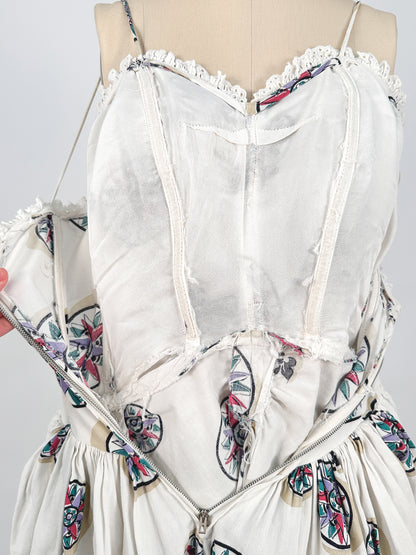 1940s White Cotton Novelty Print Dress / Waist 26