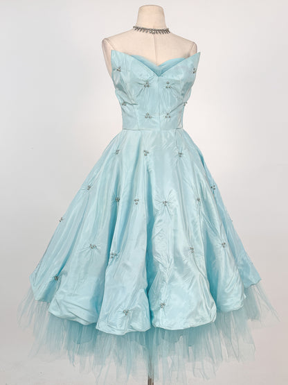 1950s Icy Blue Satin Tulle Party Dress with Pearls / Waist 26