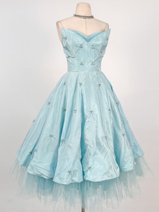 1950s Icy Blue Satin Tulle Party Dress with Pearls / Waist 26