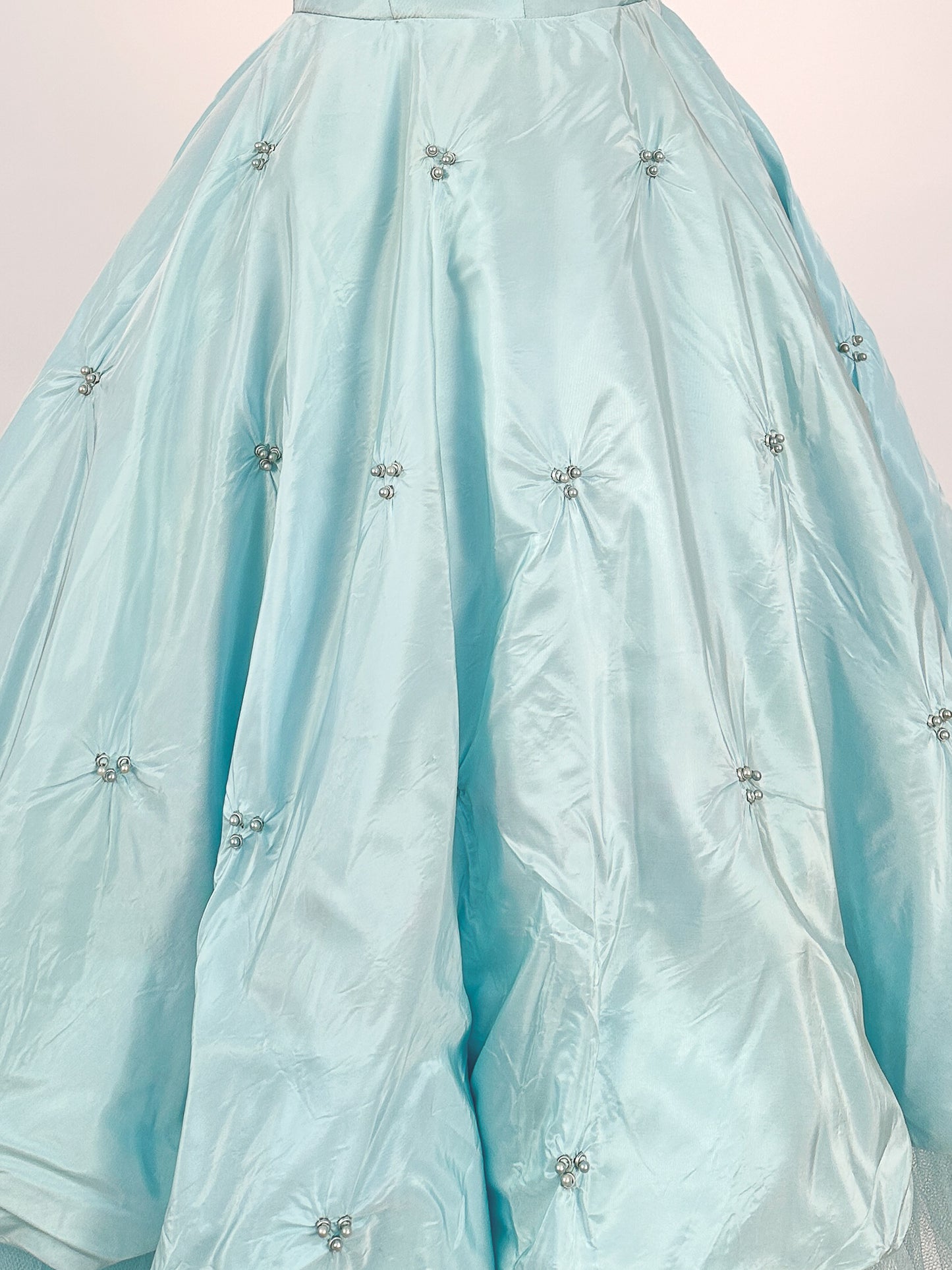 1950s Icy Blue Satin Tulle Party Dress with Pearls / Waist 26