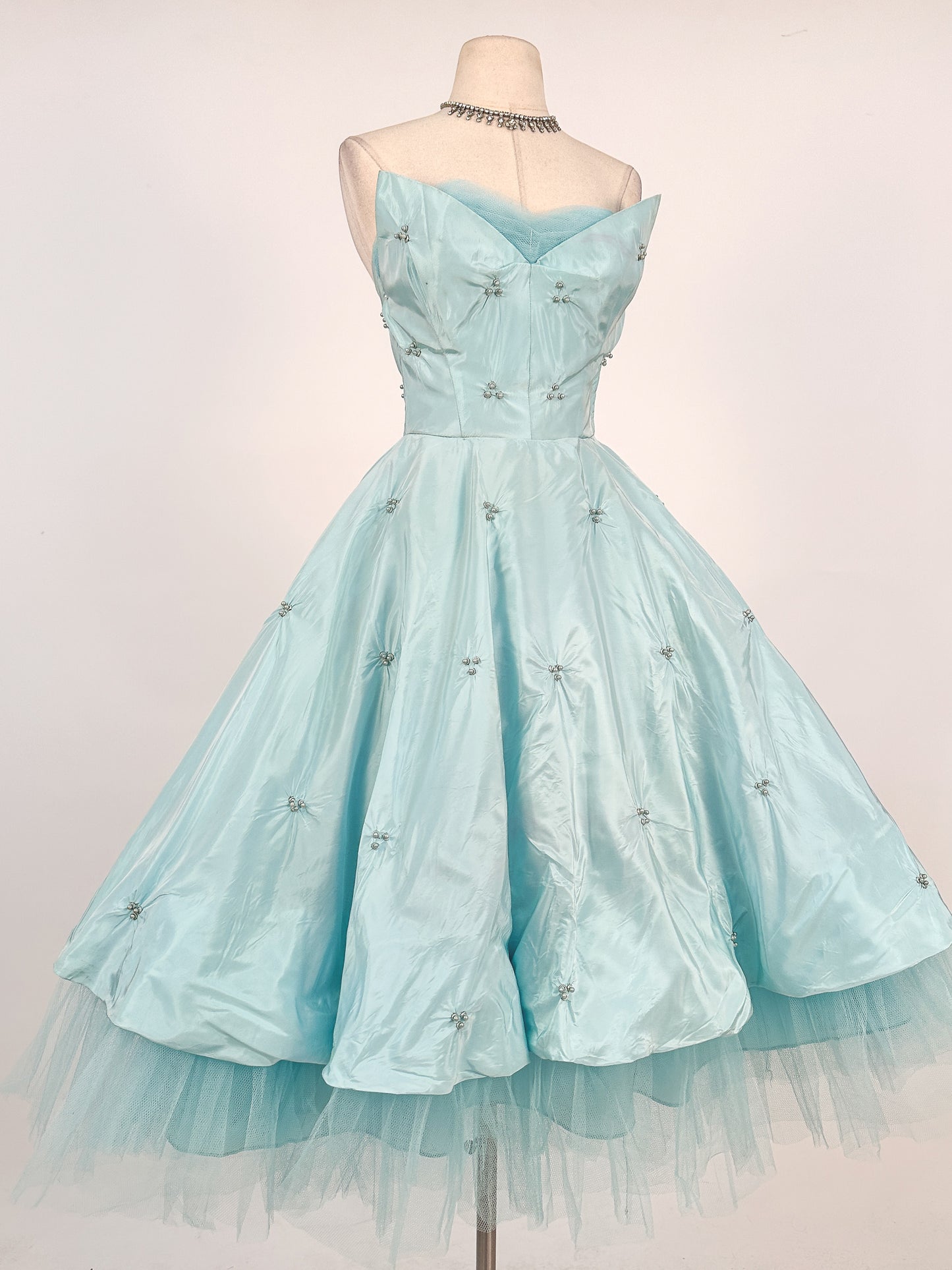 1950s Icy Blue Satin Tulle Party Dress with Pearls / Waist 26