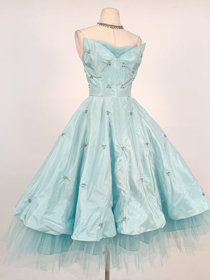 1950s Icy Blue Satin Tulle Party Dress with Pearls / Waist 26