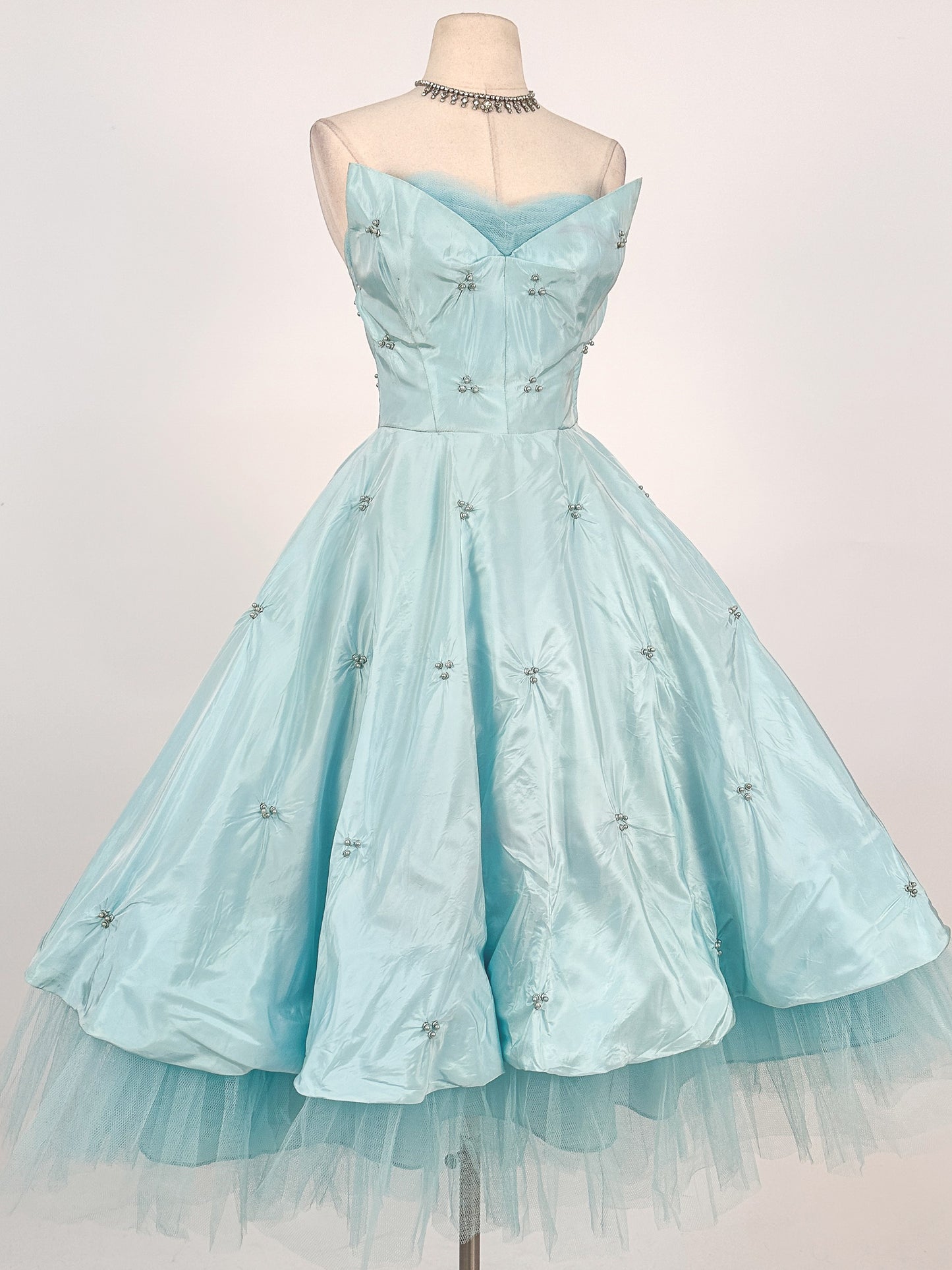 1950s Icy Blue Satin Tulle Party Dress with Pearls / Waist 26