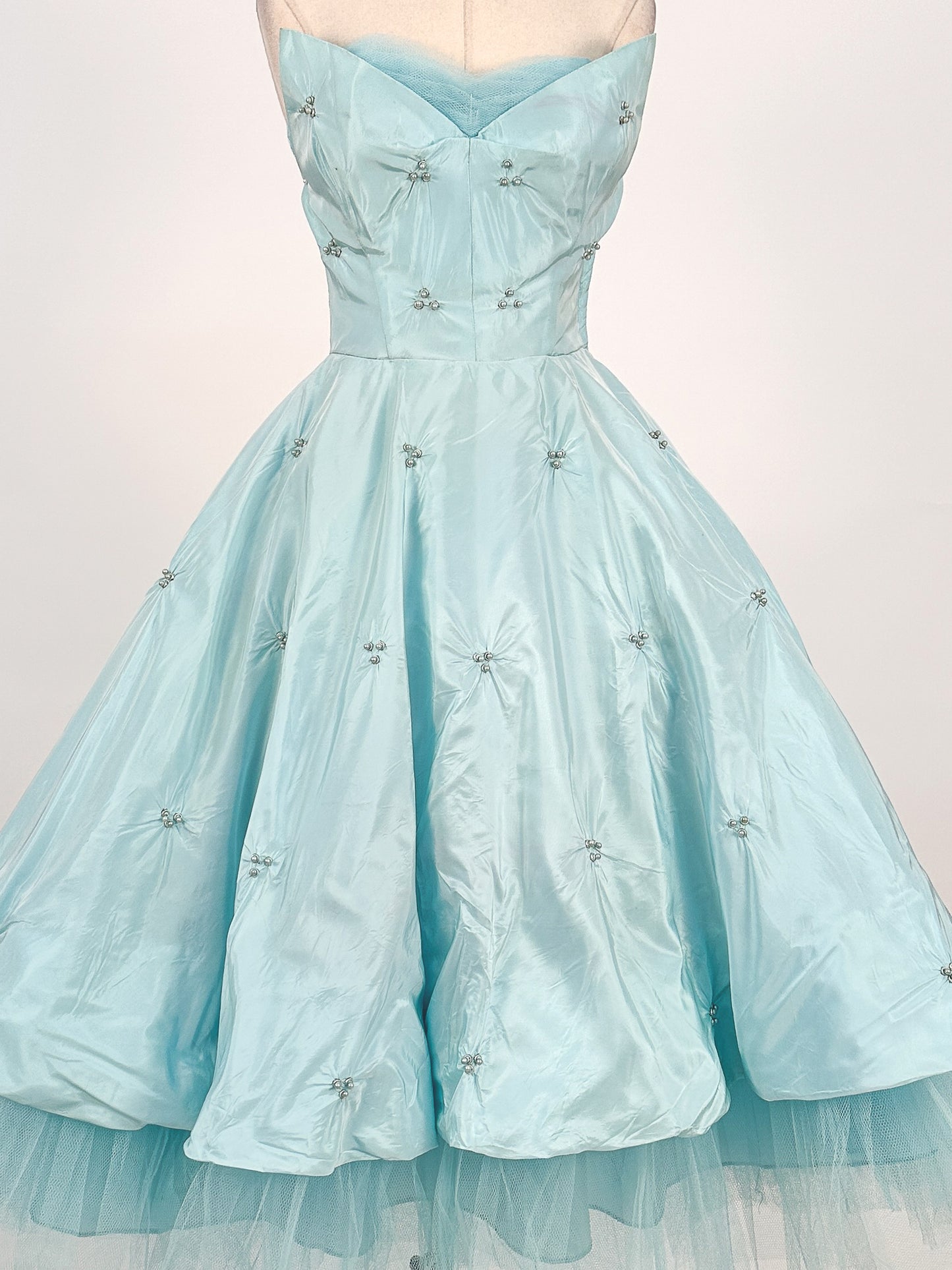 1950s Icy Blue Satin Tulle Party Dress with Pearls / Waist 26