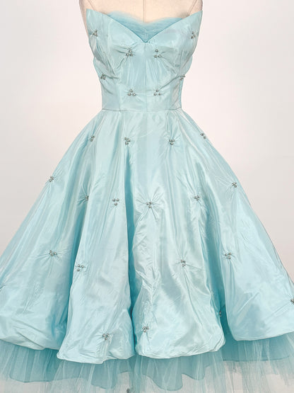 1950s Icy Blue Satin Tulle Party Dress with Pearls / Waist 26