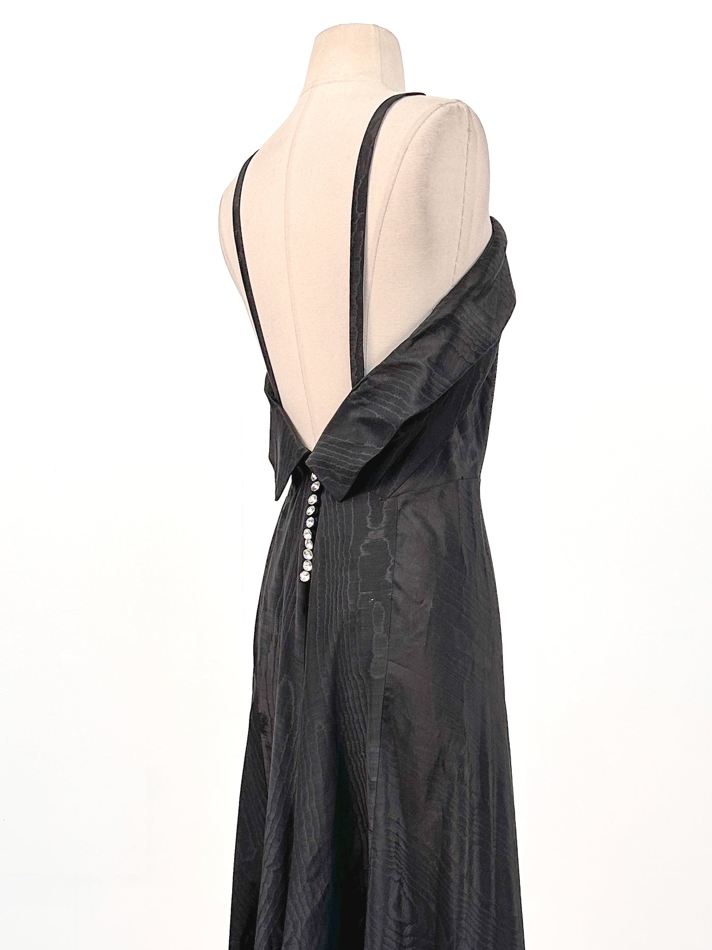 1930s Silk Moiré Gown with Rhinestone Buttons / Waist 28
