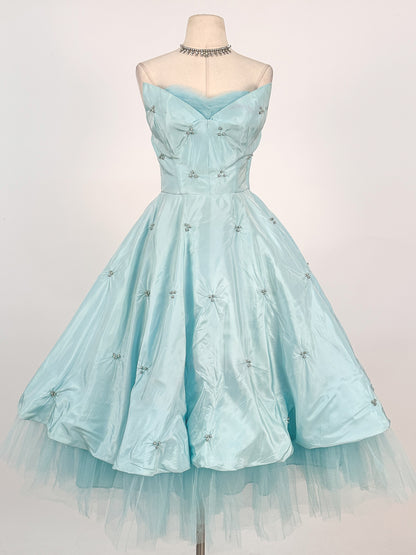 1950s Icy Blue Satin Tulle Party Dress with Pearls / Waist 26