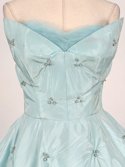 1950s Icy Blue Satin Tulle Party Dress with Pearls / Waist 26